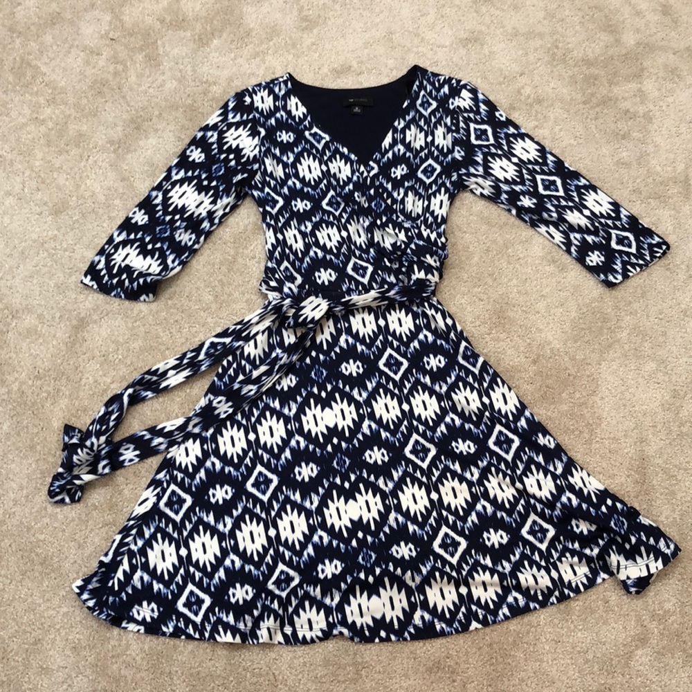 Navy and blue Aztec print wrap dress